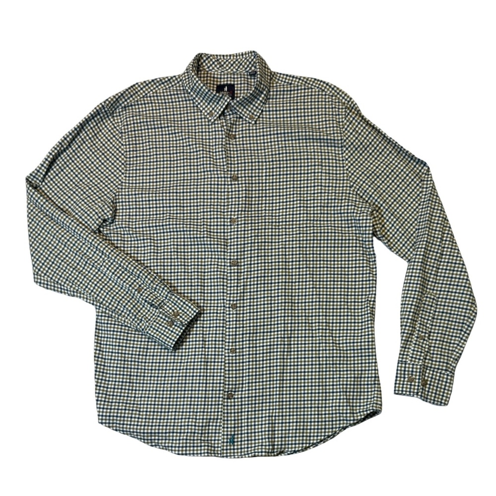 Johnnie-O men L Large green blue check cotton wool blend flannel button up shirt